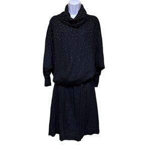 WOHL Women's Dress Black Pearl Detail Cowl Neck Wool Blend Dolan Sleeve Medium